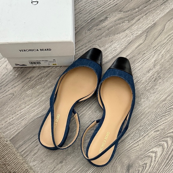 Veronica Beard Shoes - Veronica Beard Cecile Denim Slingback Flats with Black Cap Toe